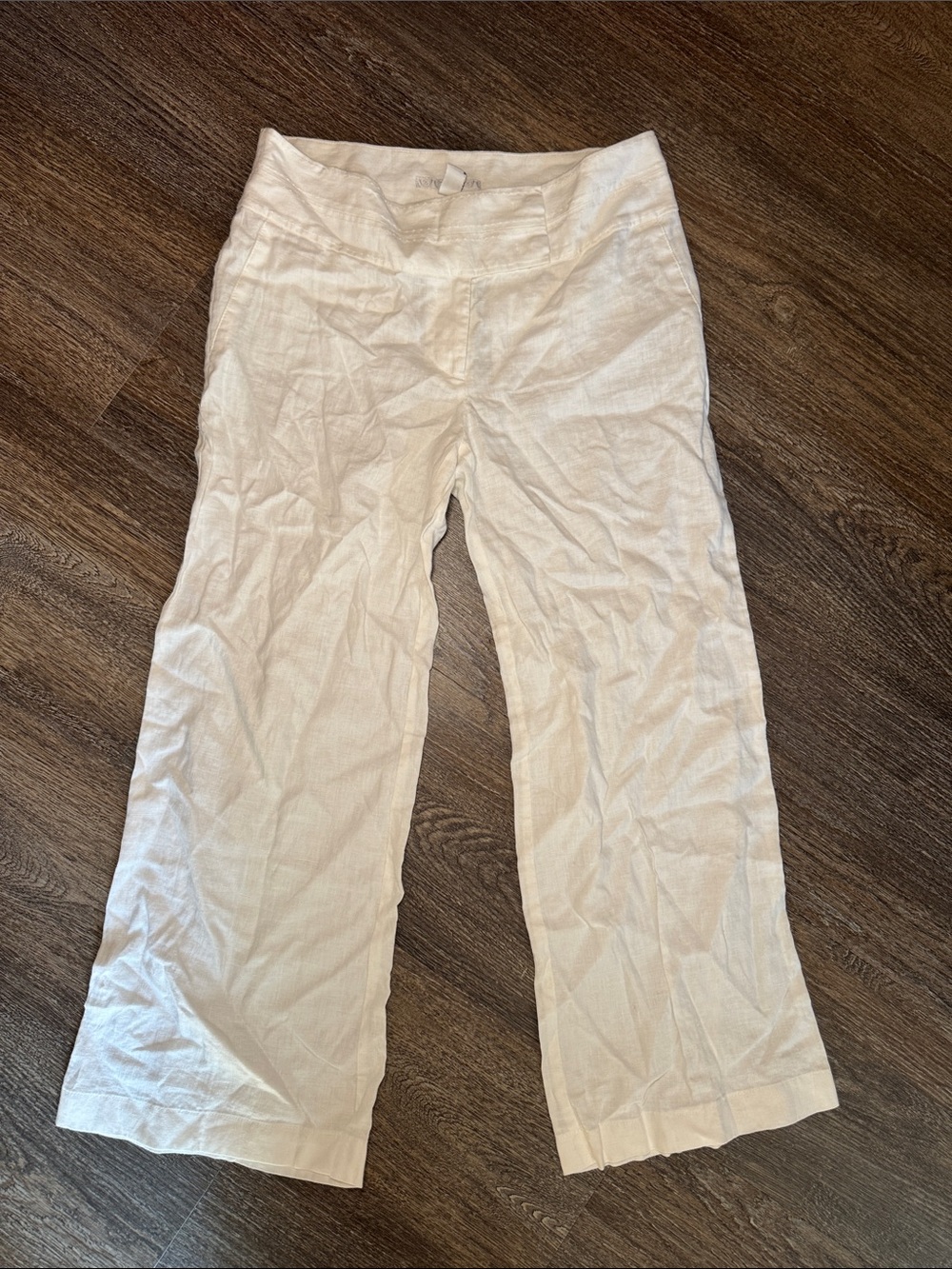 100% Linen Light Cream White Wide-Leg Womens Trousers Size 8